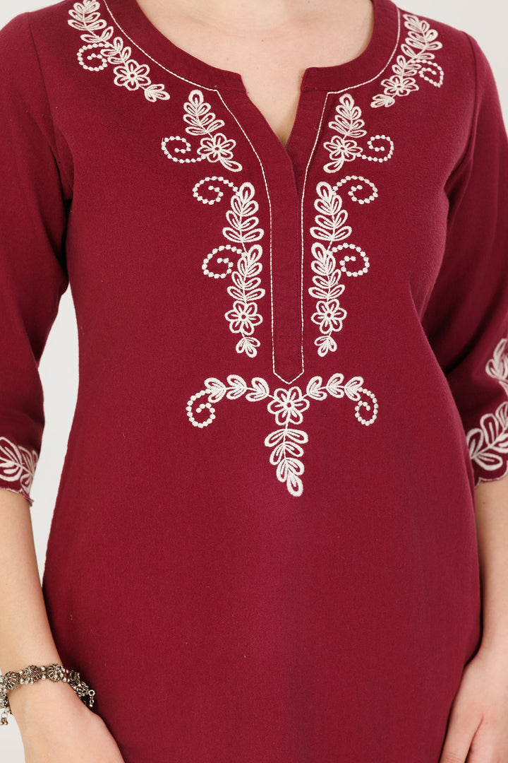 Embroidered Winter Kurti in Maroon Grace