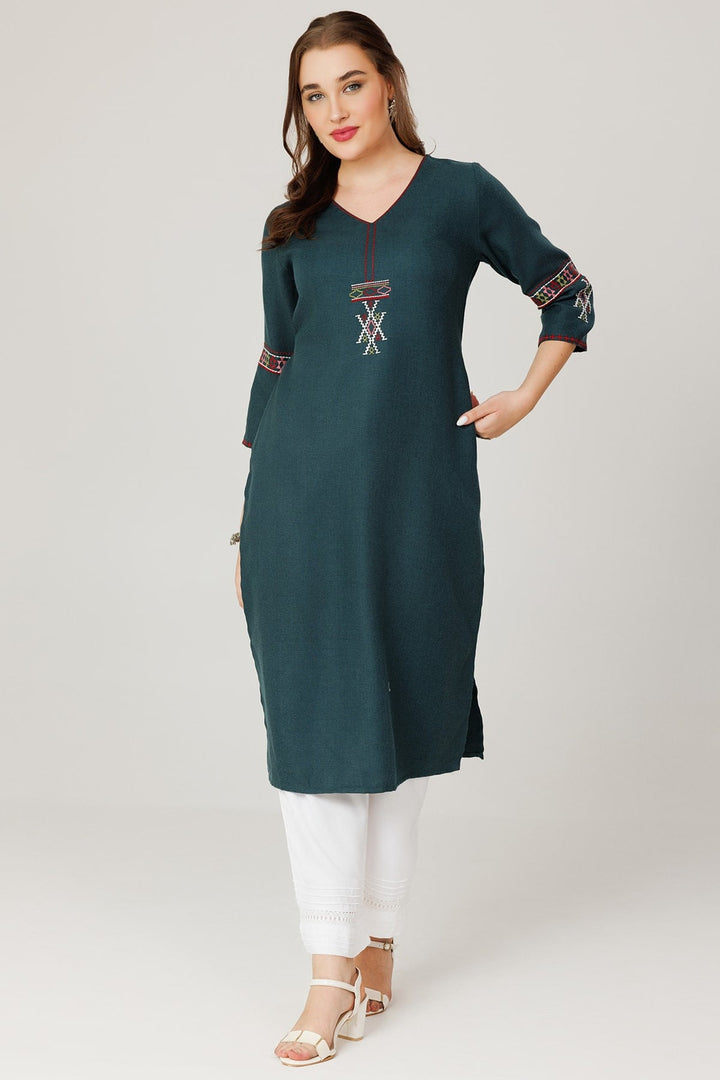 Teal Green Embroidered Pashmina Winter Kurti