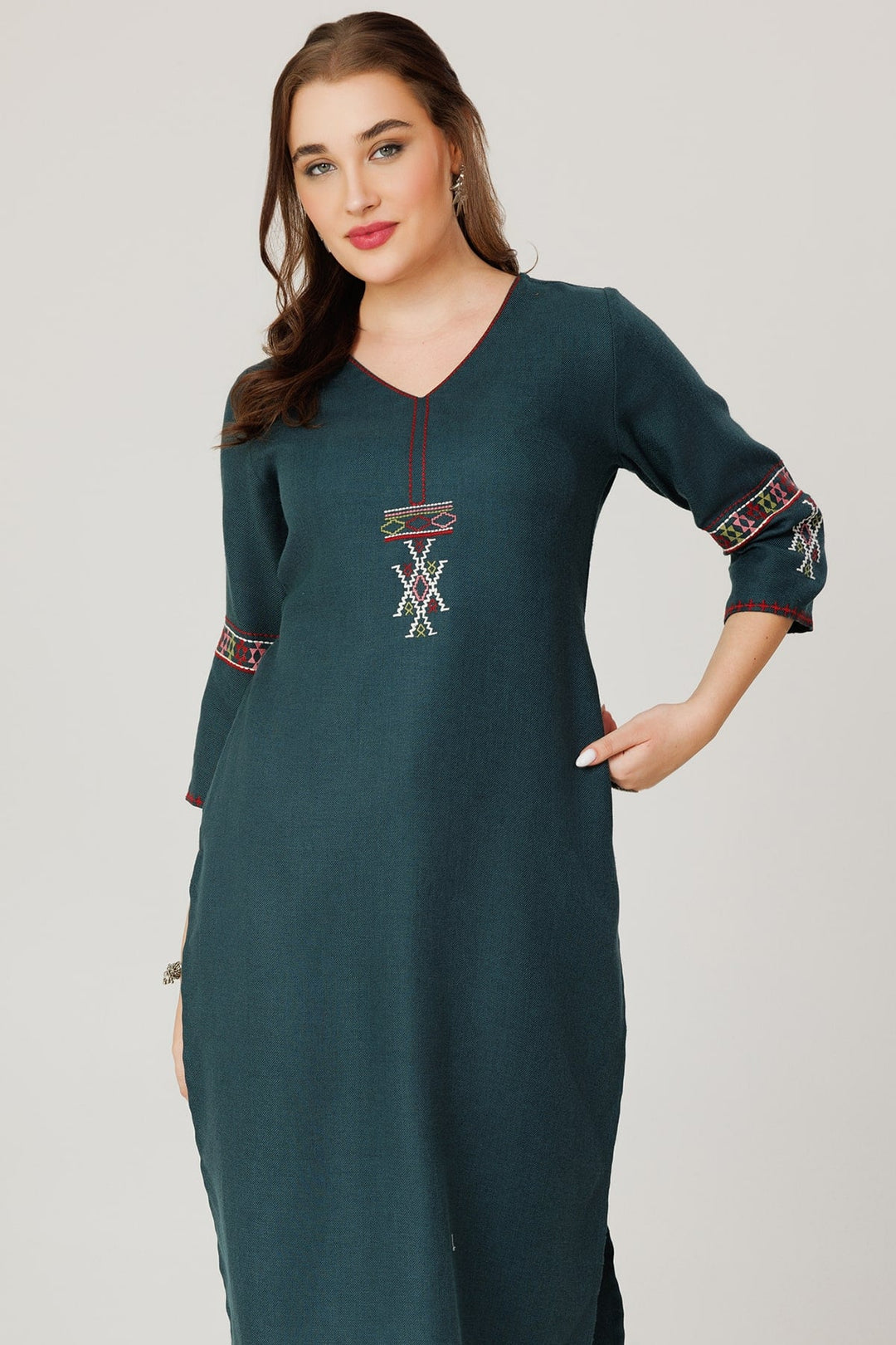 Teal Green Embroidered Pashmina Winter Kurti
