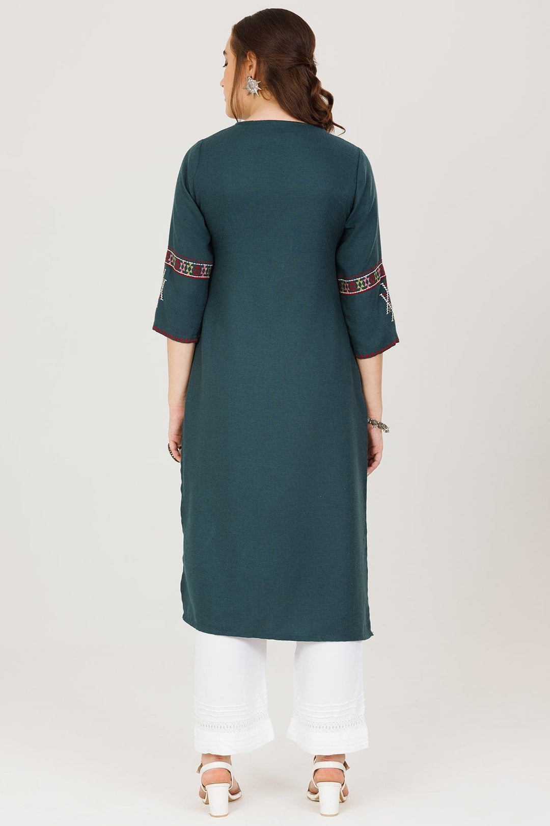 Teal Green Embroidered Pashmina Winter Kurti