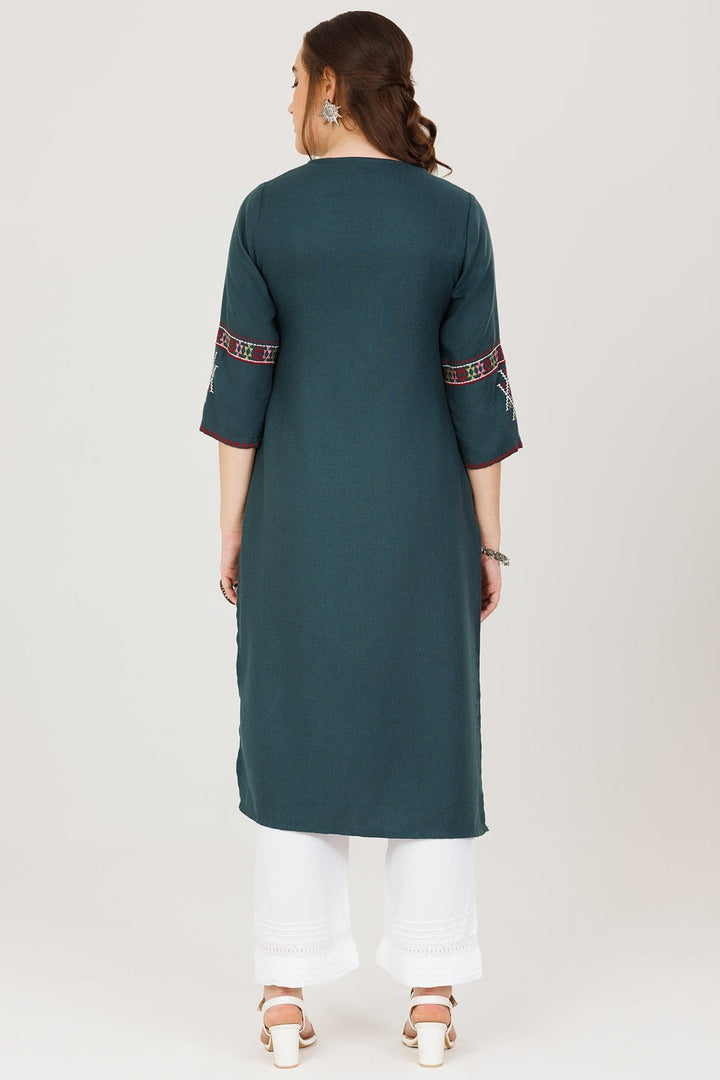 Teal Green Embroidered Pashmina Winter Kurti