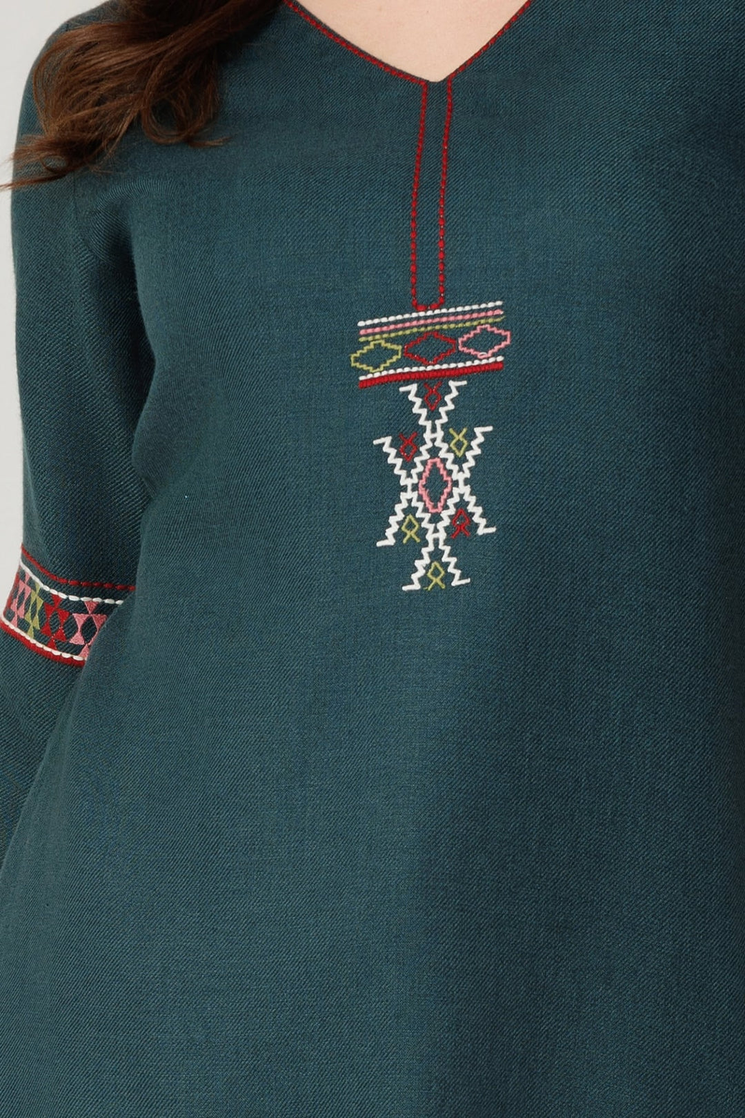 Teal Green Embroidered Pashmina Winter Kurti