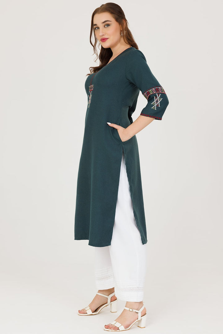 Teal Green Embroidered Pashmina Winter Kurti