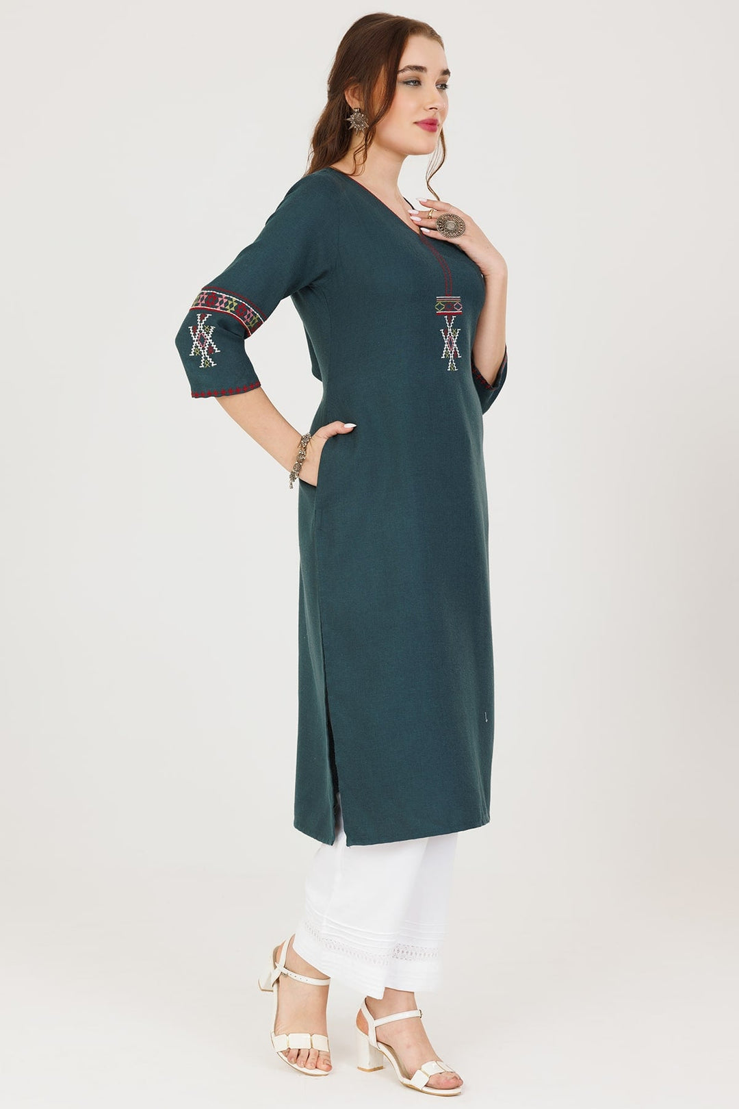 Teal Green Embroidered Pashmina Winter Kurti