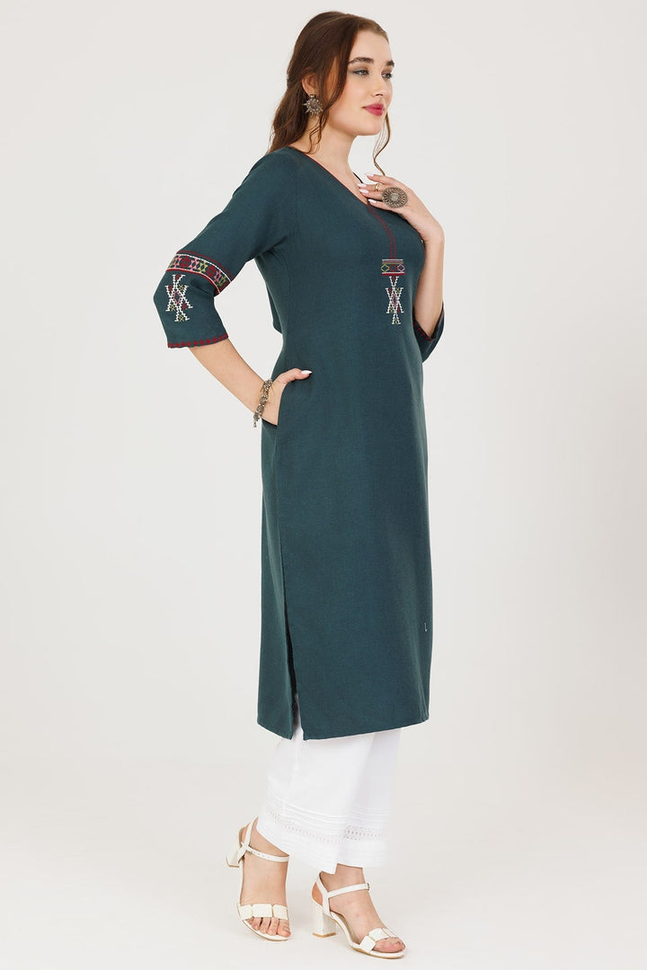 Teal Green Embroidered Pashmina Winter Kurti