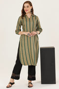 Green Striped Winter Kurti in Pashmina with Collared Neck
