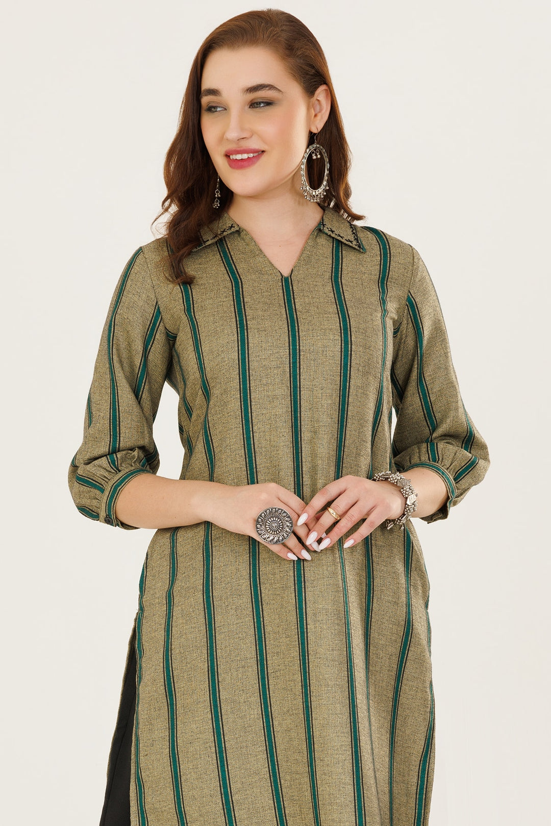 Green Striped Winter Kurti in Pashmina with Collared Neck