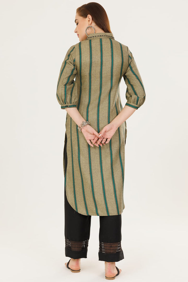 Green Striped Winter Kurti in Pashmina with Collared Neck