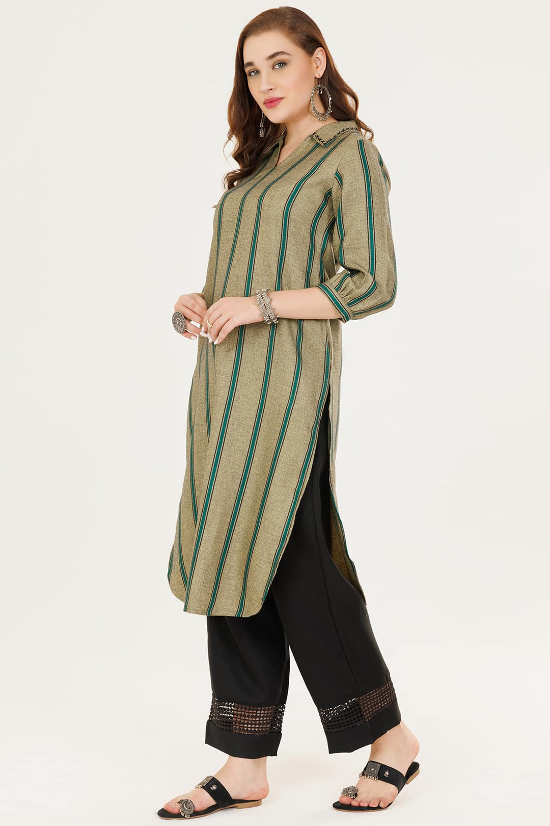 Green Striped Winter Kurti in Pashmina with Collared Neck