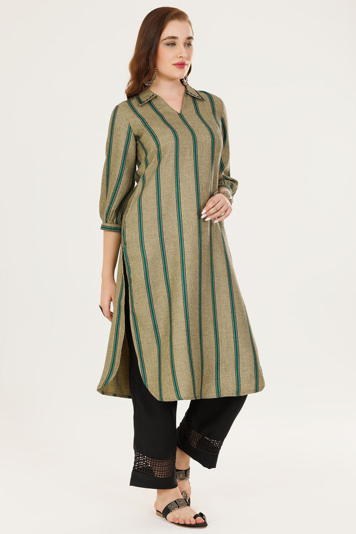 Green Striped Winter Kurti in Pashmina with Collared Neck