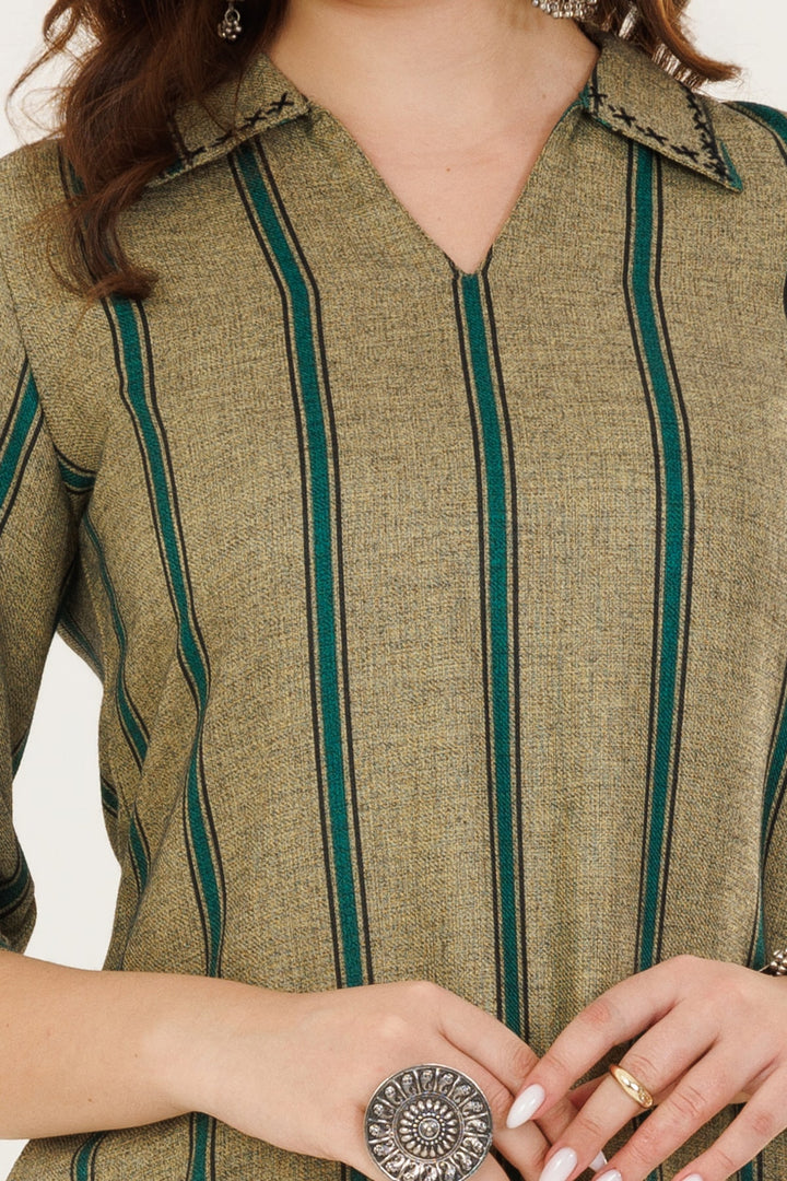 Green Striped Winter Kurti in Pashmina with Collared Neck