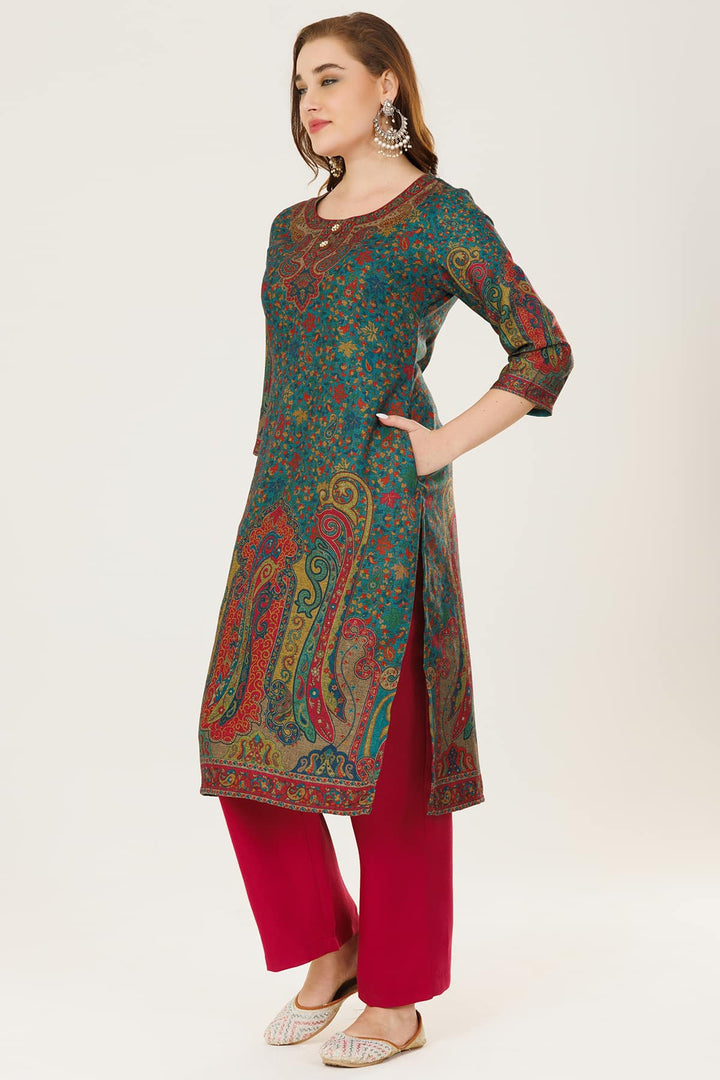 Blue Printed Winter Kurti in Pashmina with Round Neck