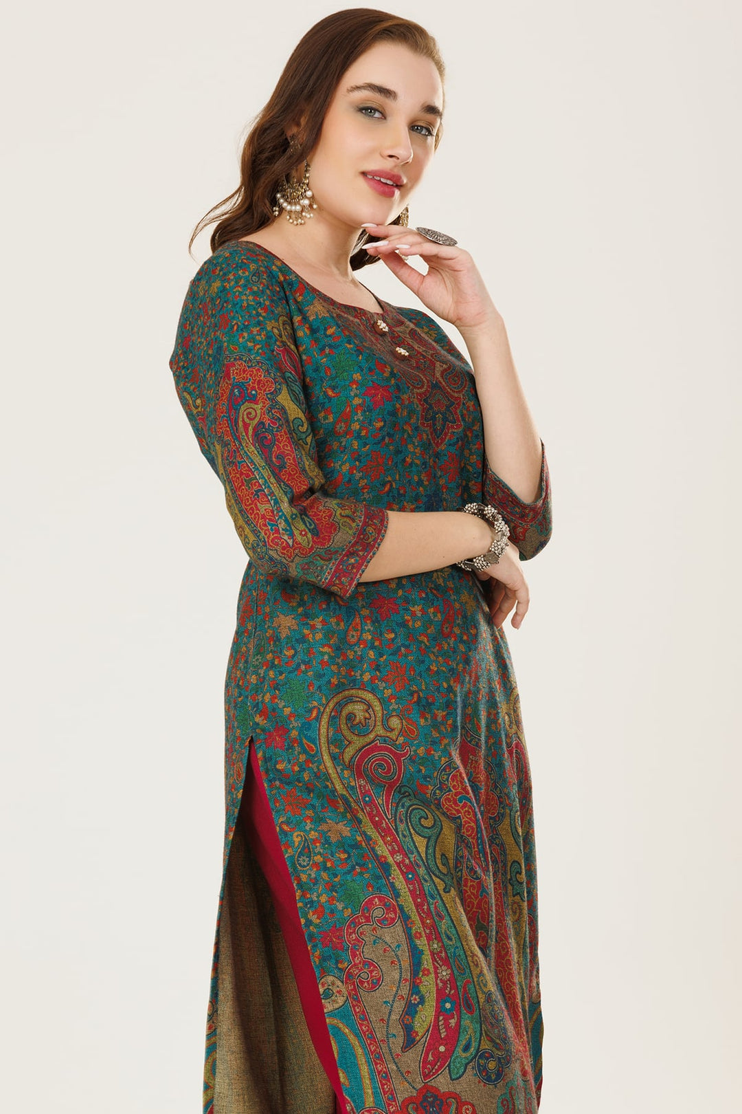 Blue Printed Winter Kurti in Pashmina with Round Neck