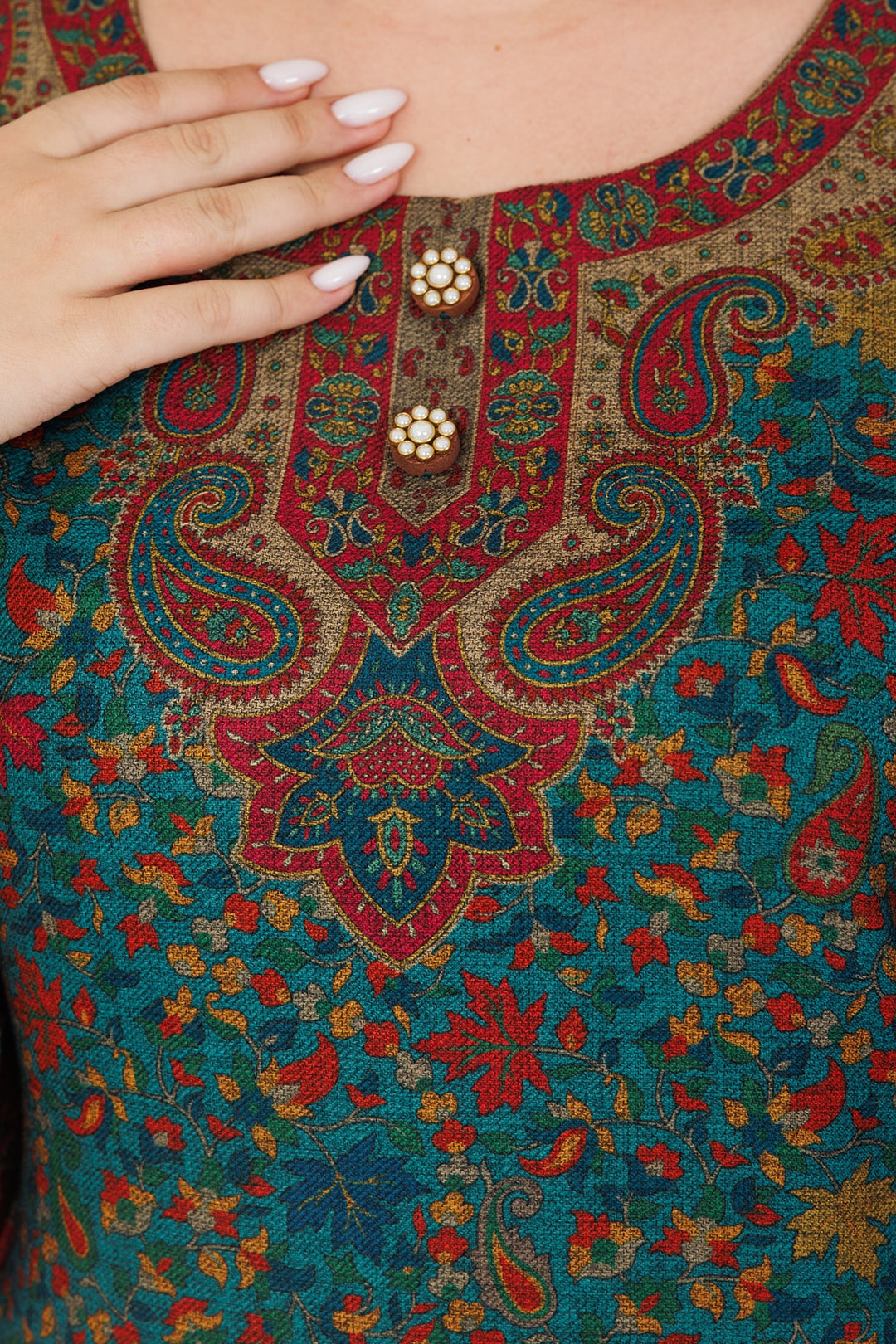 Blue Printed Winter Kurti in Pashmina with Round Neck
