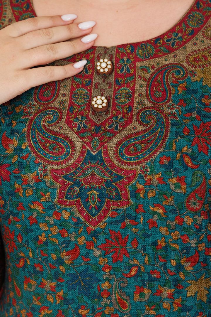 Blue Printed Winter Kurti in Pashmina with Round Neck