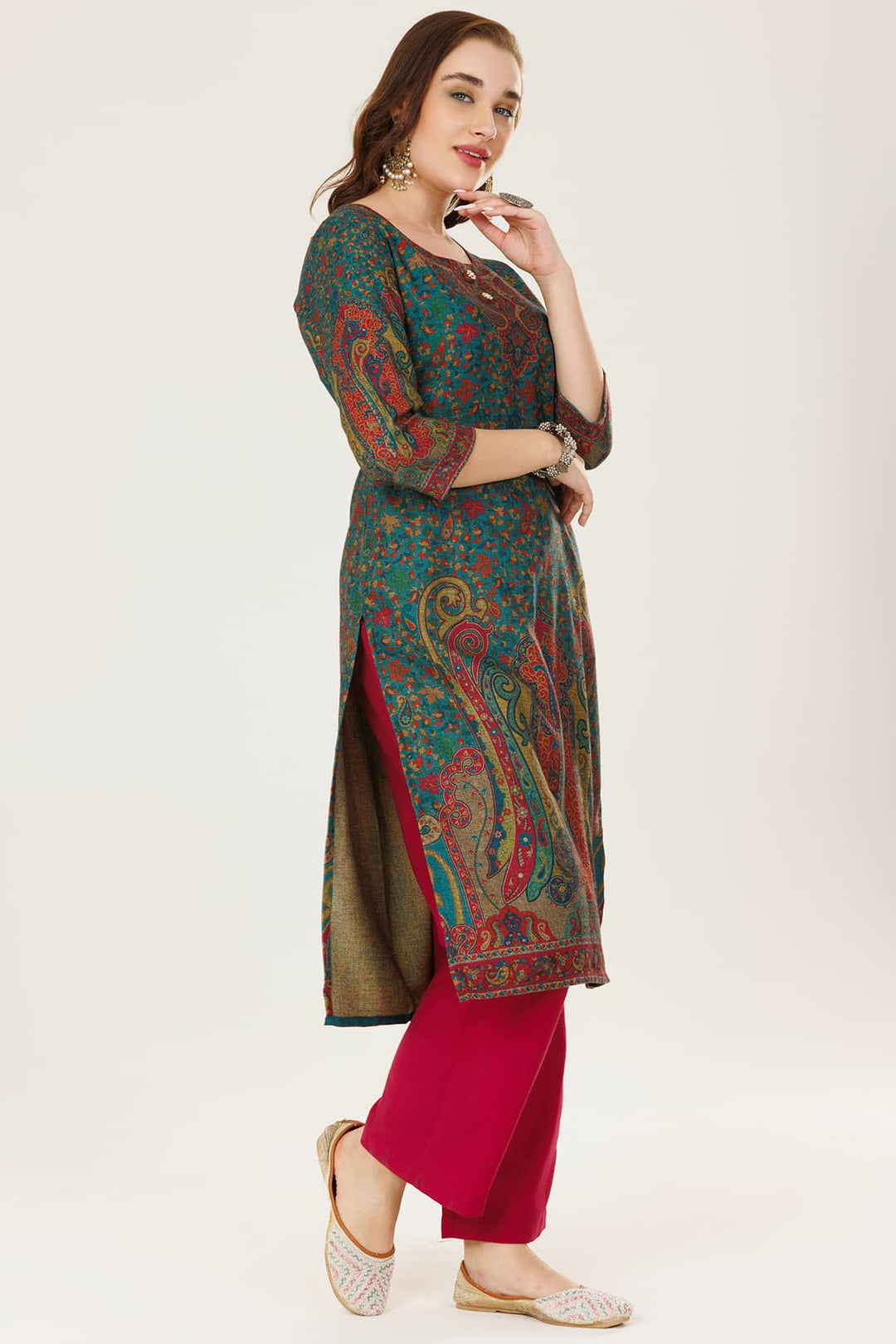 Blue Printed Winter Kurti in Pashmina with Round Neck