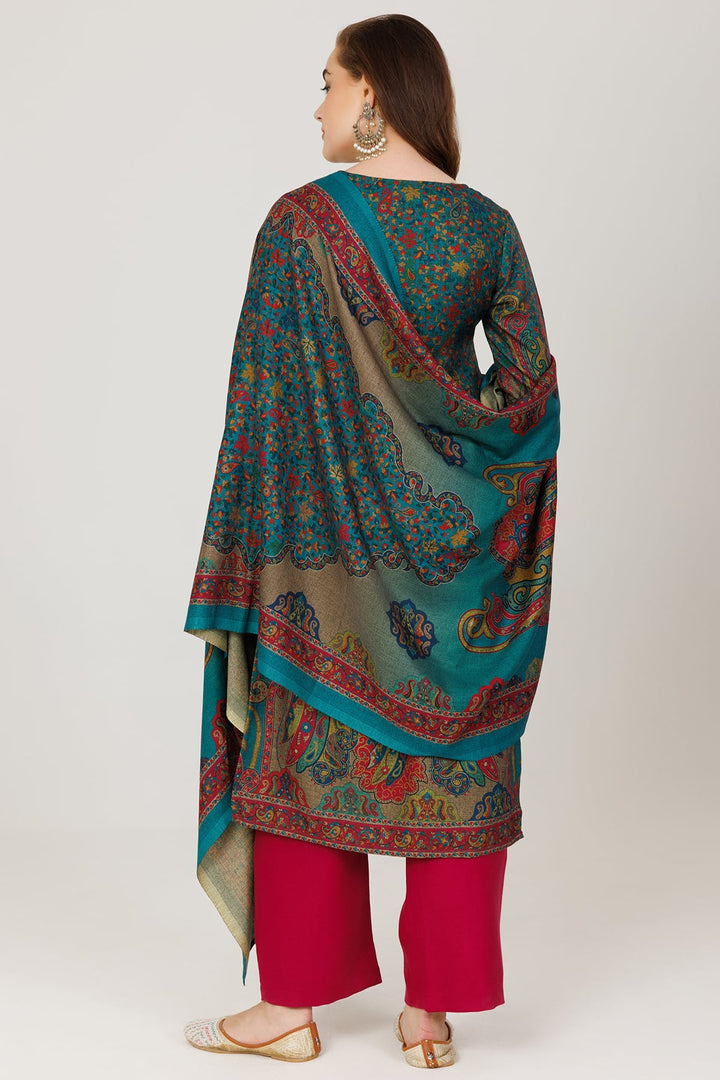 Blue Printed Winter Kurti in Pashmina with Round Neck