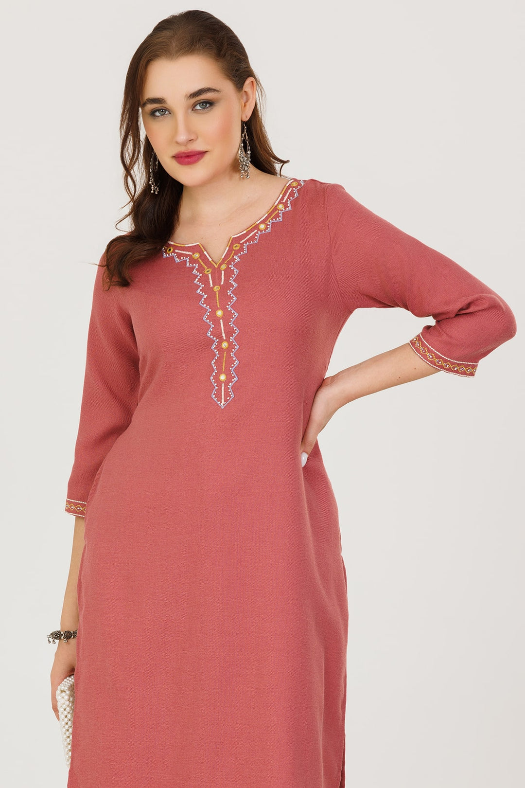 Pink Pashmina Embroidered Winter Kurti
