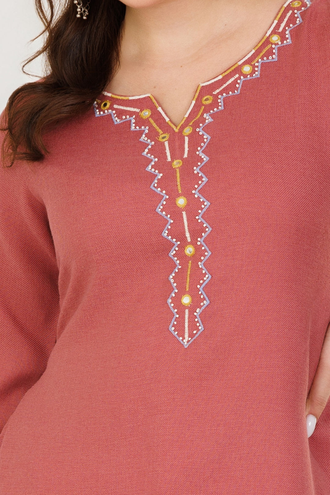 Pink Pashmina Embroidered Winter Kurti