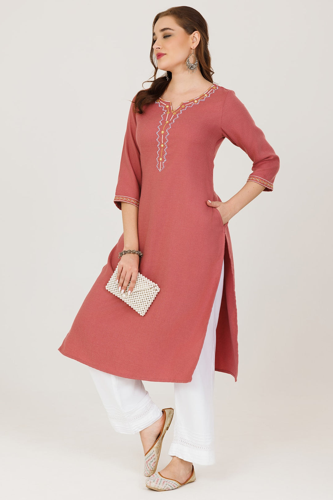 Pink Pashmina Embroidered Winter Kurti