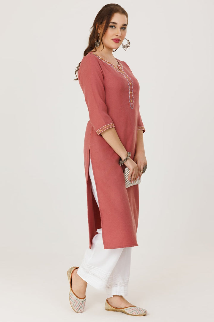 Pink Pashmina Embroidered Winter Kurti