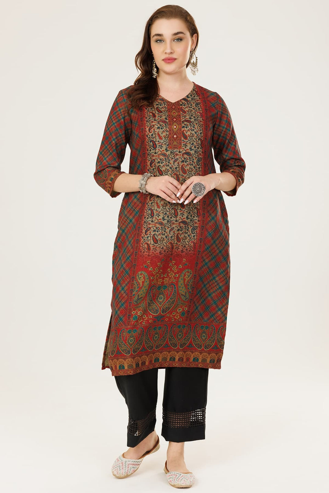 Dark Red Printed Winter Kurti in Pashmina with V-Neck