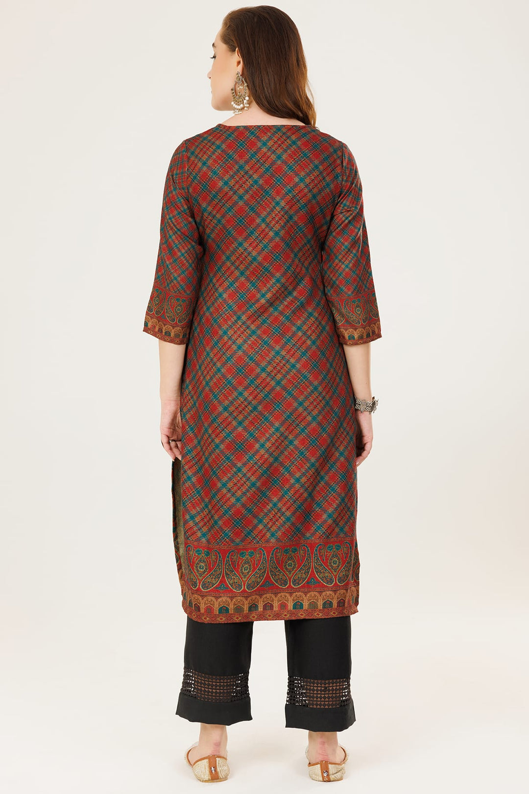 Dark Red Printed Winter Kurti in Pashmina with V-Neck