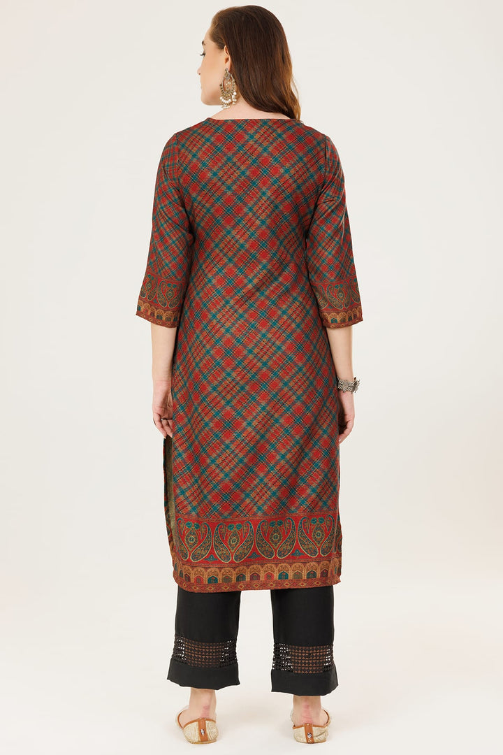 Dark Red Printed Winter Kurti in Pashmina with V-Neck