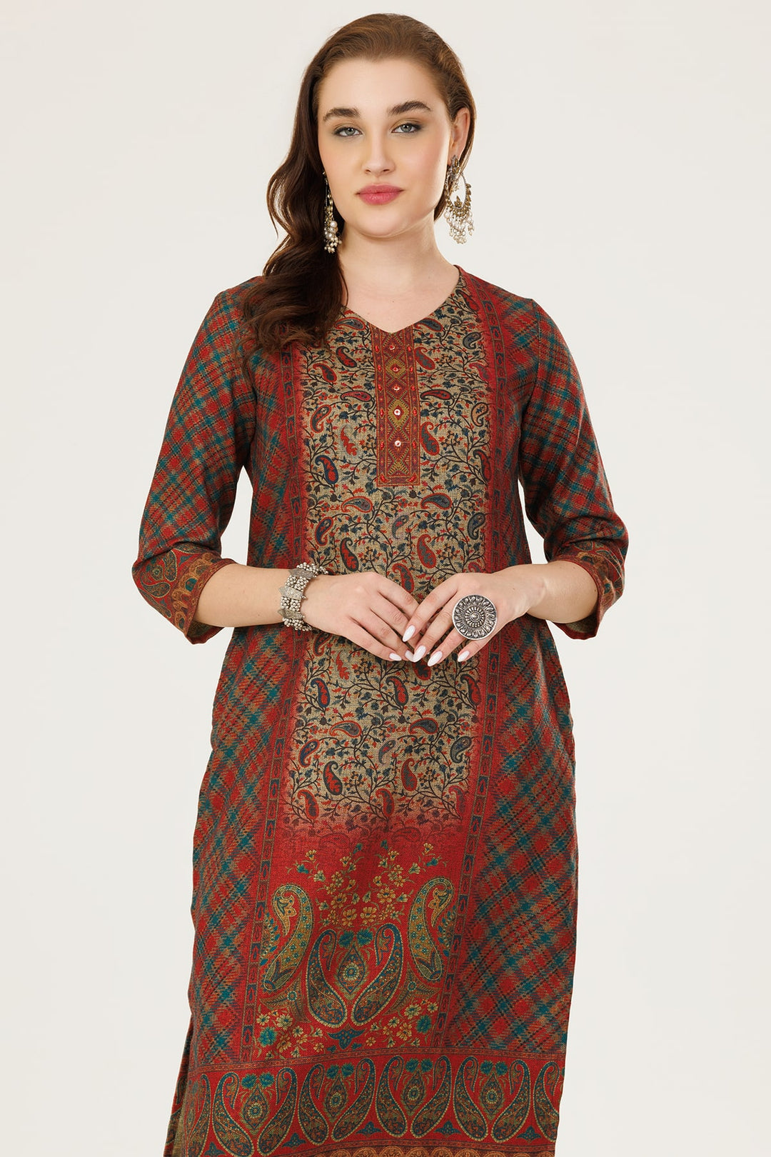 Dark Red Printed Winter Kurti in Pashmina with V-Neck
