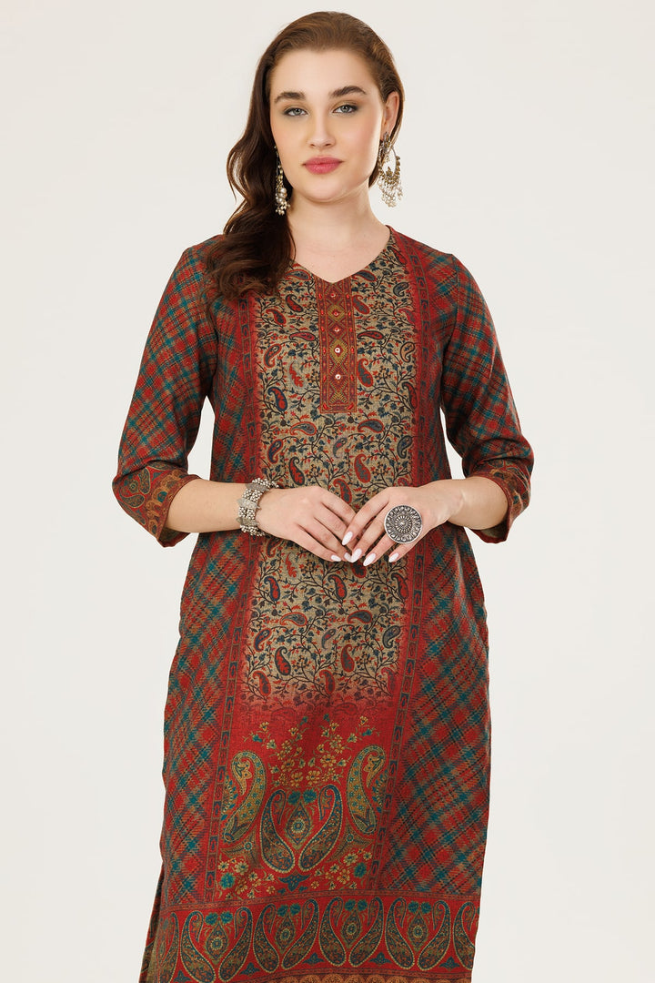 Dark Red Printed Winter Kurti in Pashmina with V-Neck