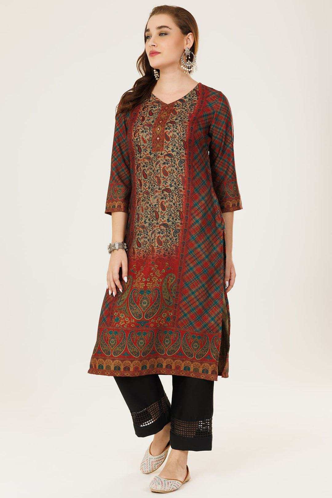 Dark Red Printed Winter Kurti in Pashmina with V-Neck