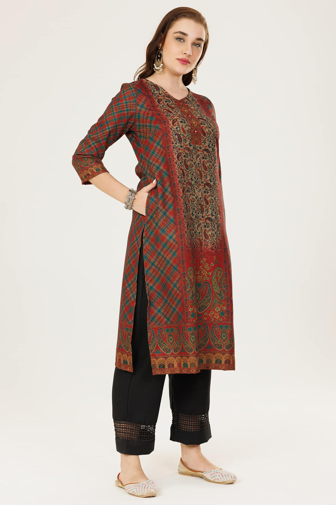 Dark Red Printed Winter Kurti in Pashmina with V-Neck