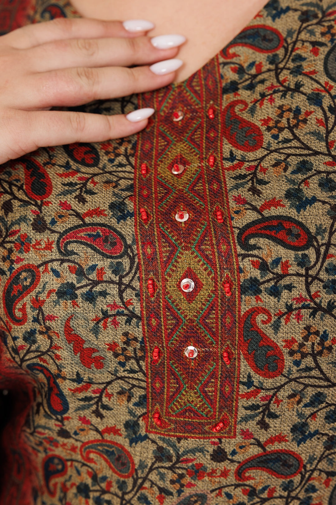 Dark Red Printed Winter Kurti in Pashmina with V-Neck