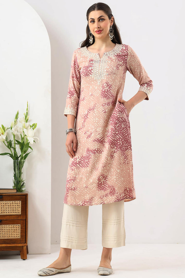 Peach Rayon Embroidered Kurti