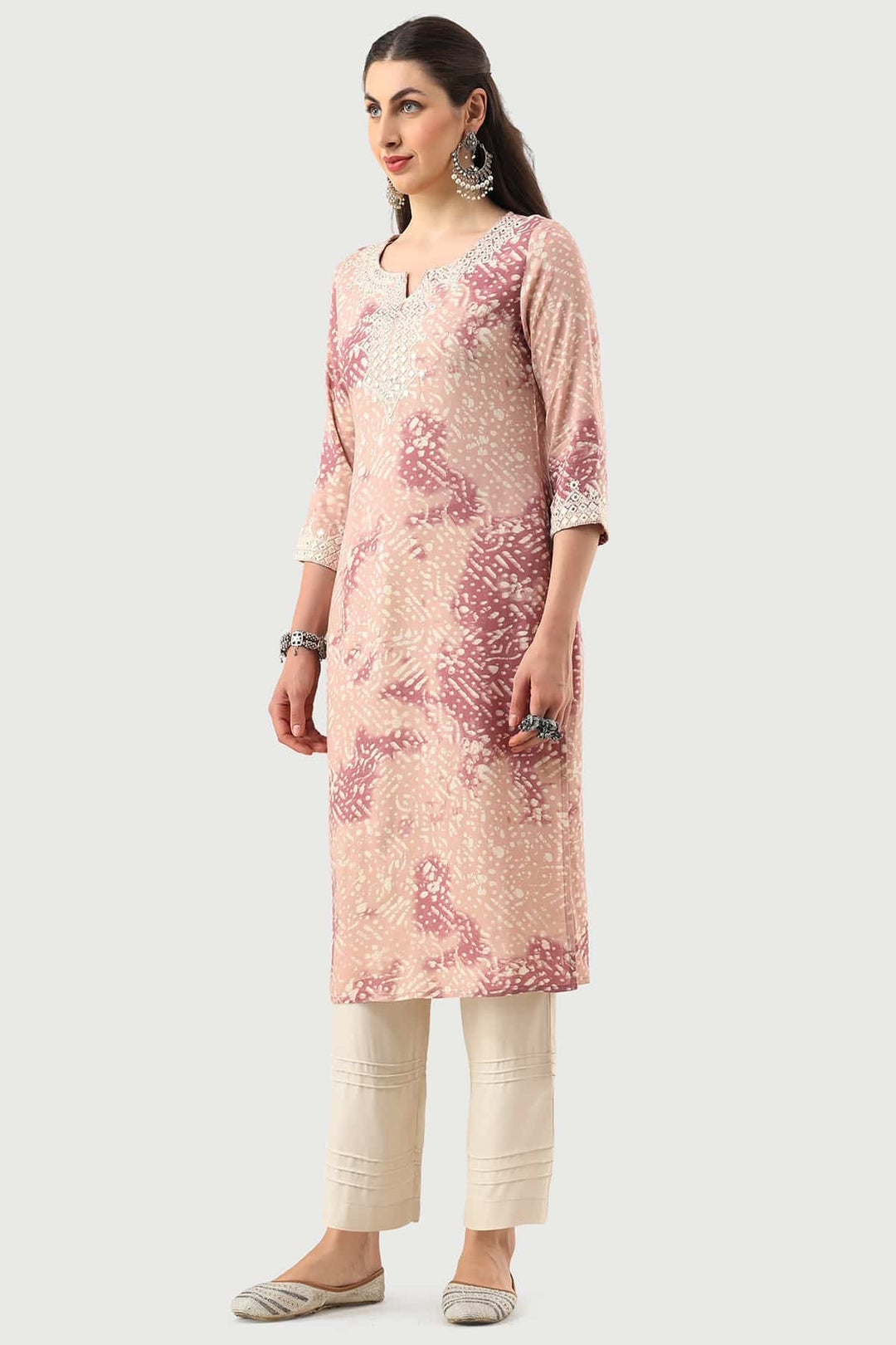 Peach Rayon Embroidered Kurti