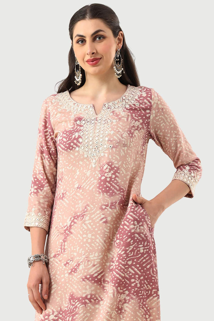 Peach Rayon Embroidered Kurti