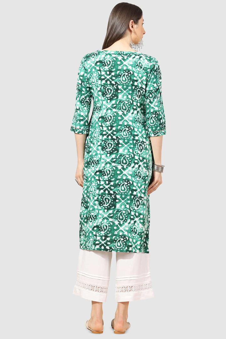 Green Printed Rayon Kurti with Round Neck