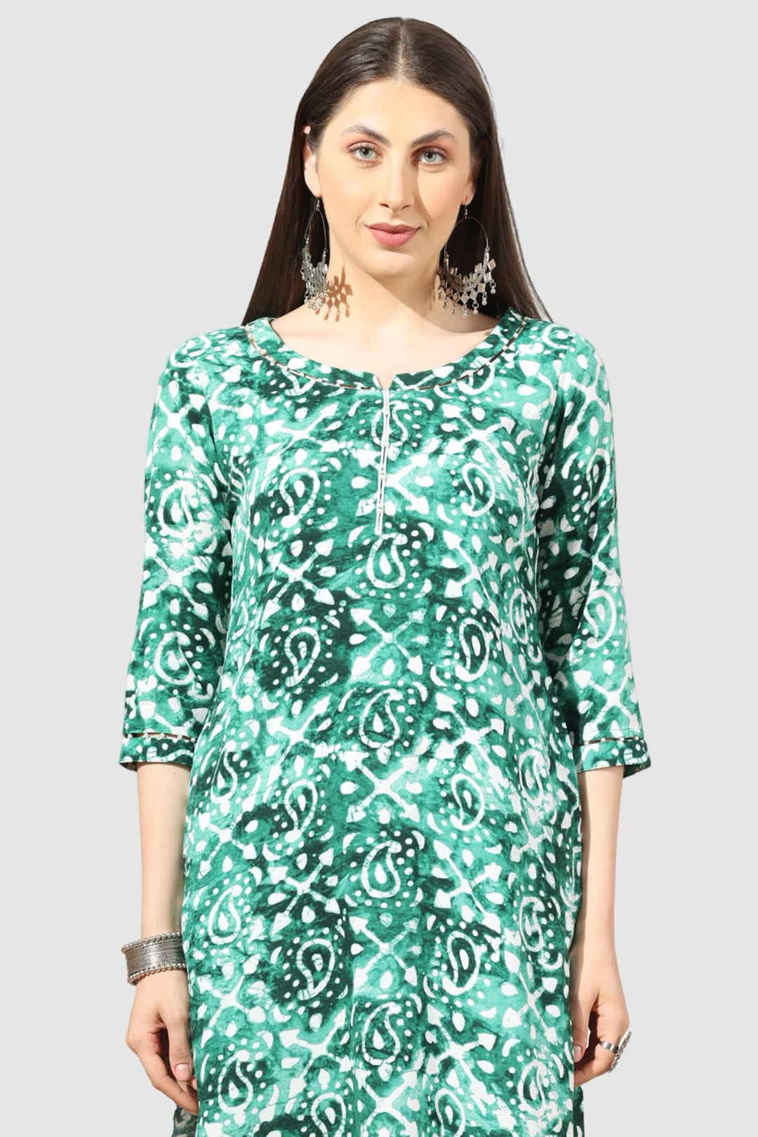Green Printed Rayon Kurti with Round Neck
