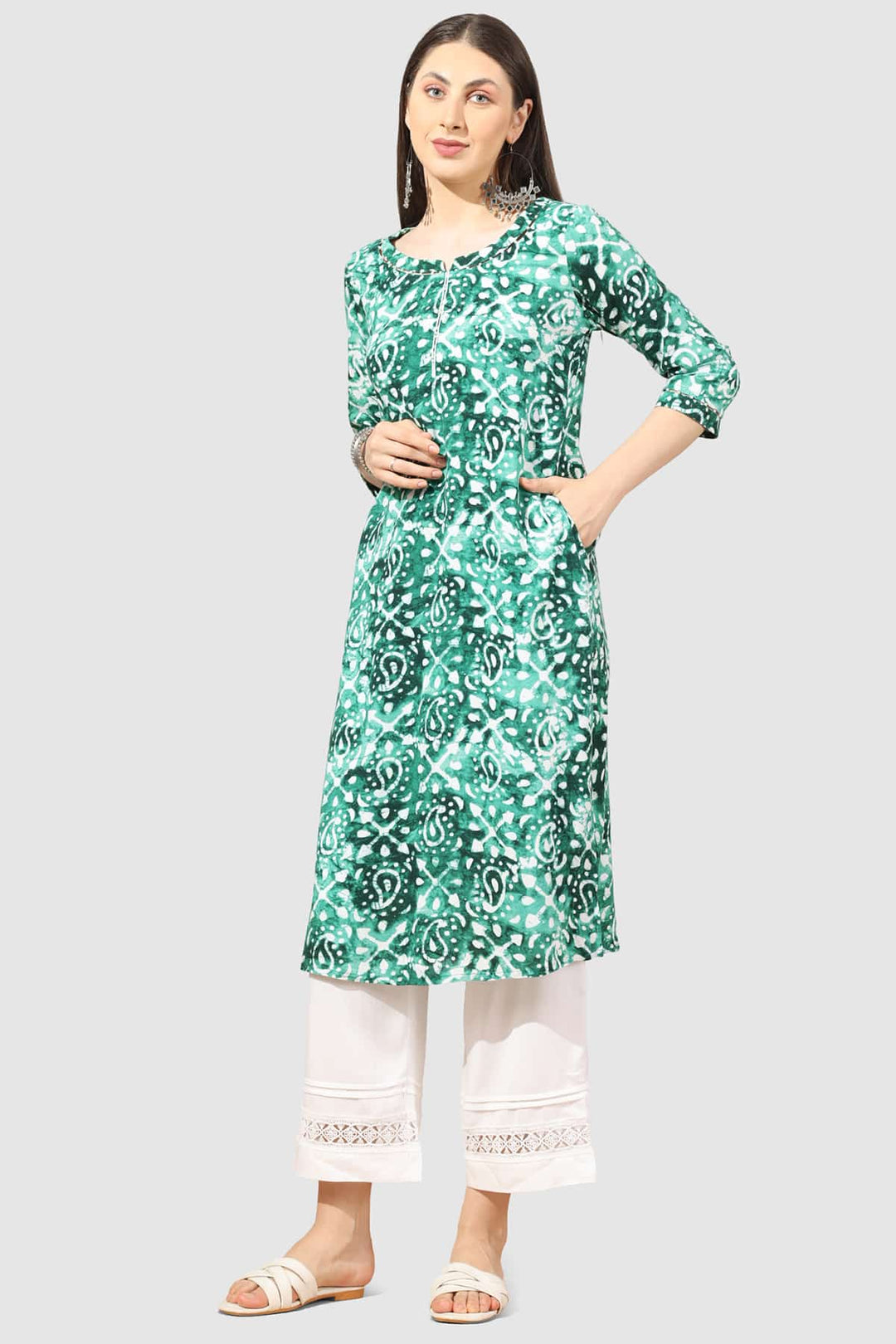 Green Printed Rayon Kurti with Round Neck
