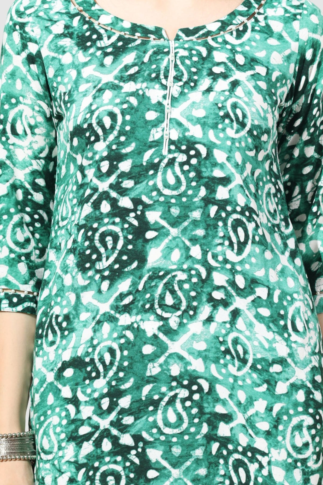 Green Printed Rayon Kurti with Round Neck