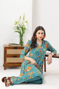 Turquoise Printed Rayon Kurti with Mandarin Collar