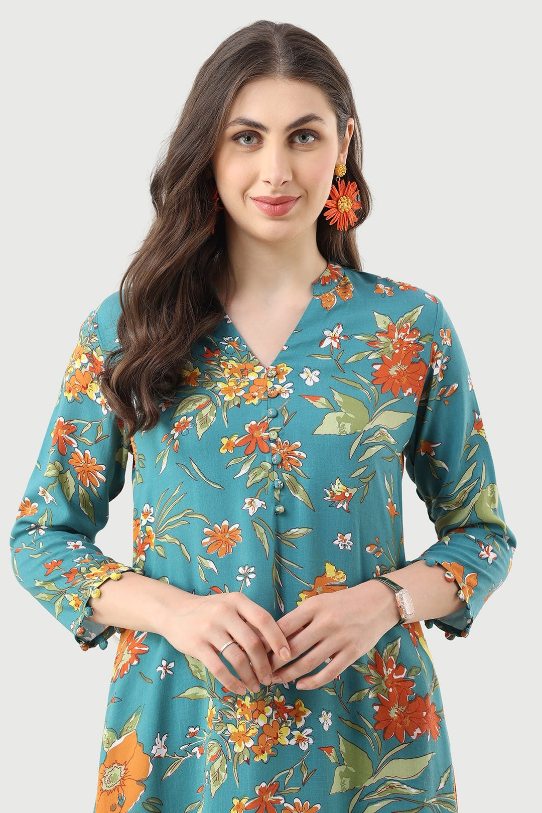 Turquoise Printed Rayon Kurti with Mandarin Collar