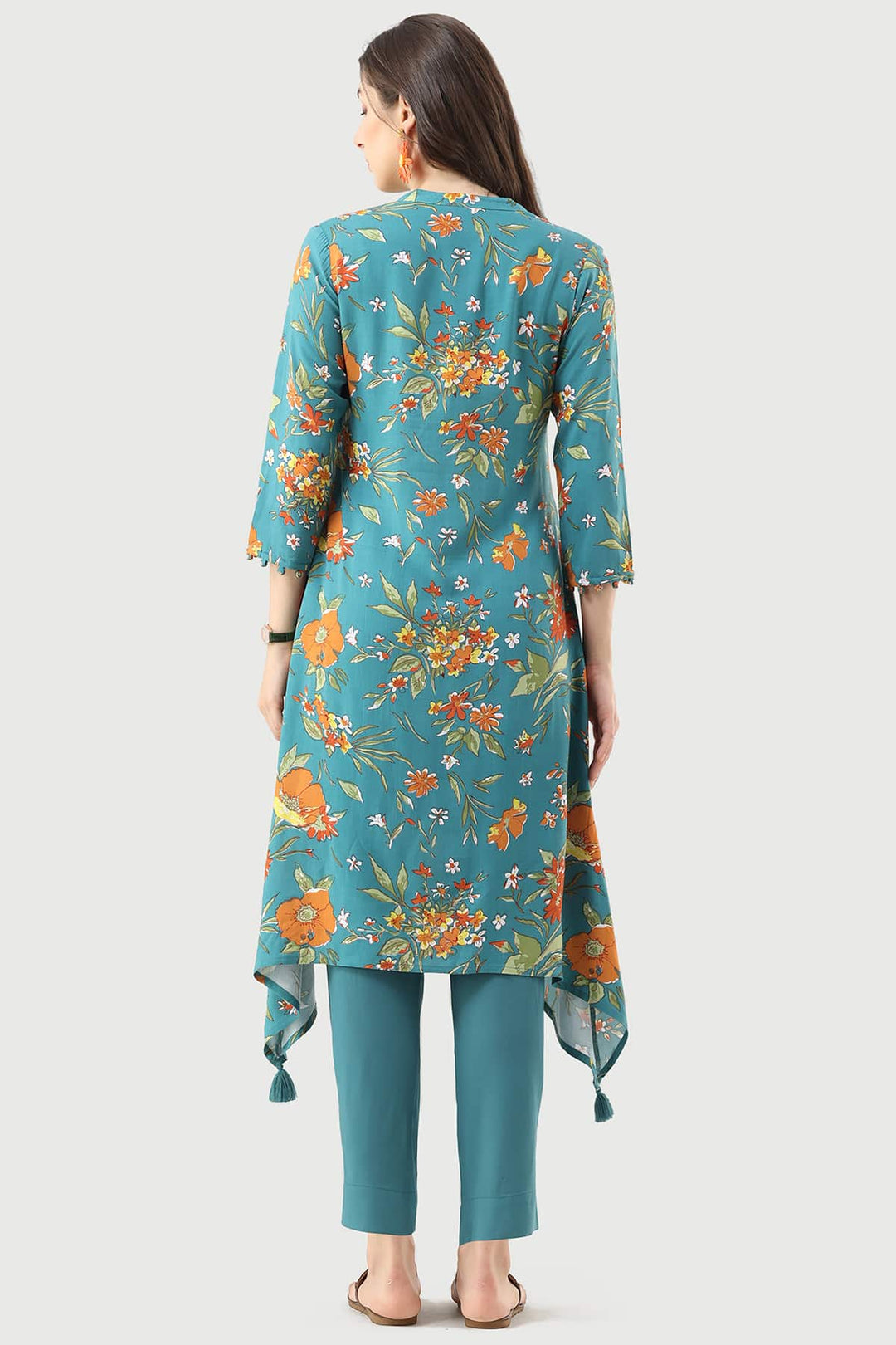 Turquoise Printed Rayon Kurti with Mandarin Collar