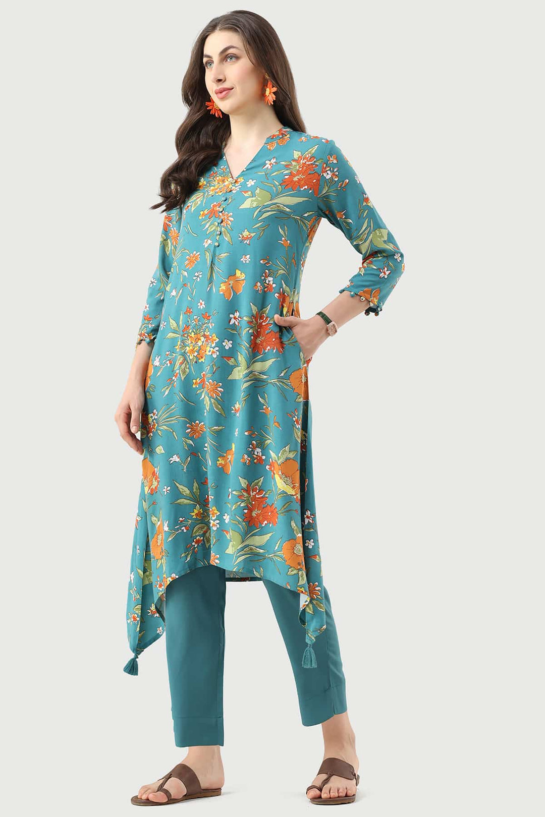 Turquoise Printed Rayon Kurti with Mandarin Collar