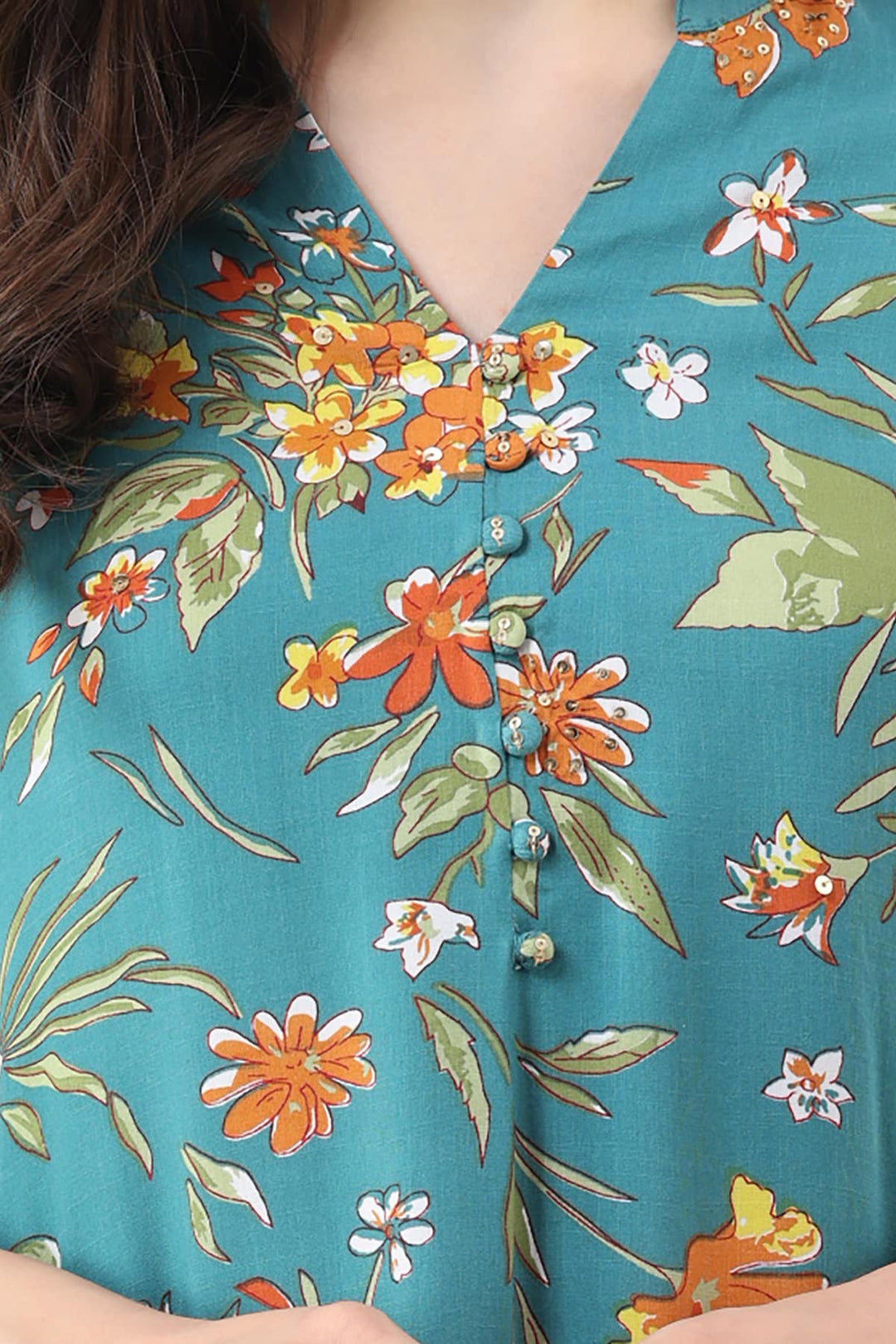 Turquoise Printed Rayon Kurti with Mandarin Collar