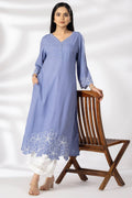 Embroidered Blue Rayon Modal Kurti with V Neck & 3/4 Sleeves