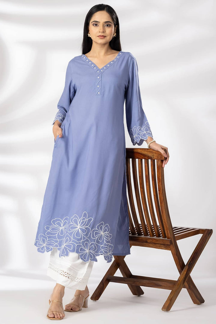 Embroidered Blue Rayon Modal Kurti with V Neck &amp; 3/4 Sleeves