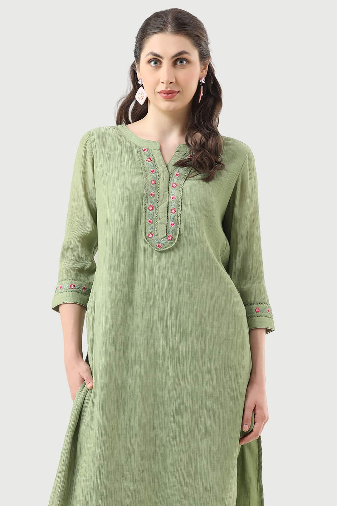 Forest Green Embroidered Crepe Kurti