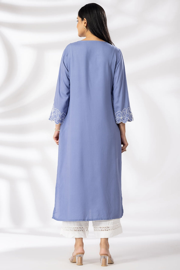 Embroidered Blue Rayon Modal Kurti with V Neck &amp; 3/4 Sleeves
