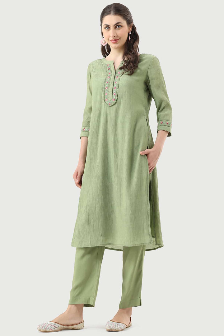 Forest Green Embroidered Crepe Kurti